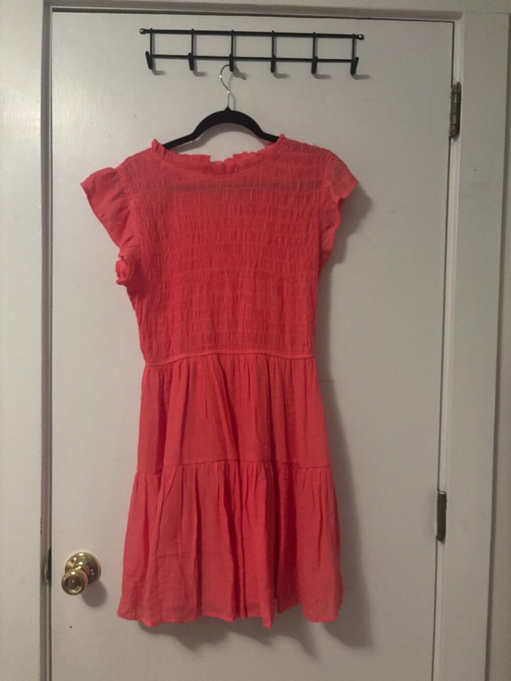 Tallulah Coral Smocked Flutter Sleeve Tiered Dress M